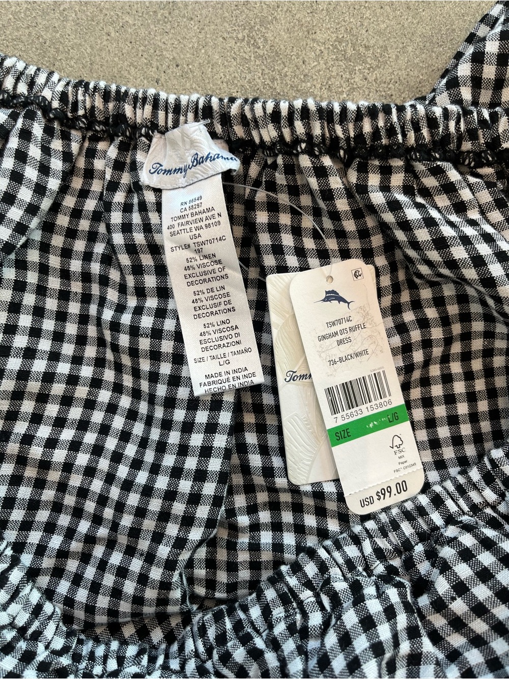 Tommy Bahama Gingham OTS Dress Black White Linen Blend NWT Size L — Minor Flaw - Picture 4 of 6